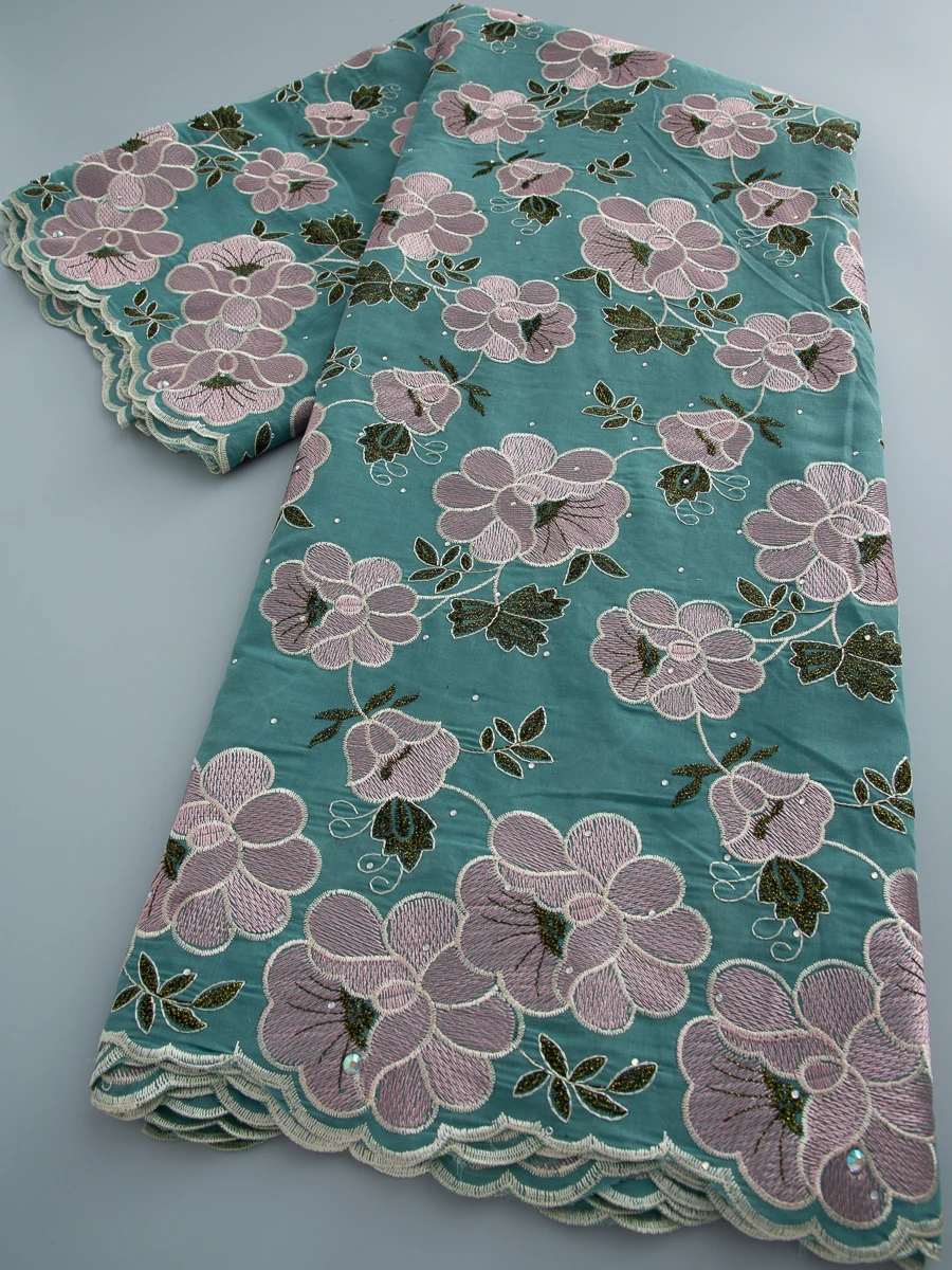 african-swiss-voile-lace-fabric-cotton-teal-base-with-pink-floral-embroidery-and-crystals-for-nigerian-dresses