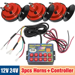 3X 300DB Air Snail Car Horn + Musical Electronic Horn Controller 12V 24V Electric Horn Kit 56 Tone Super Loud Easy Installation