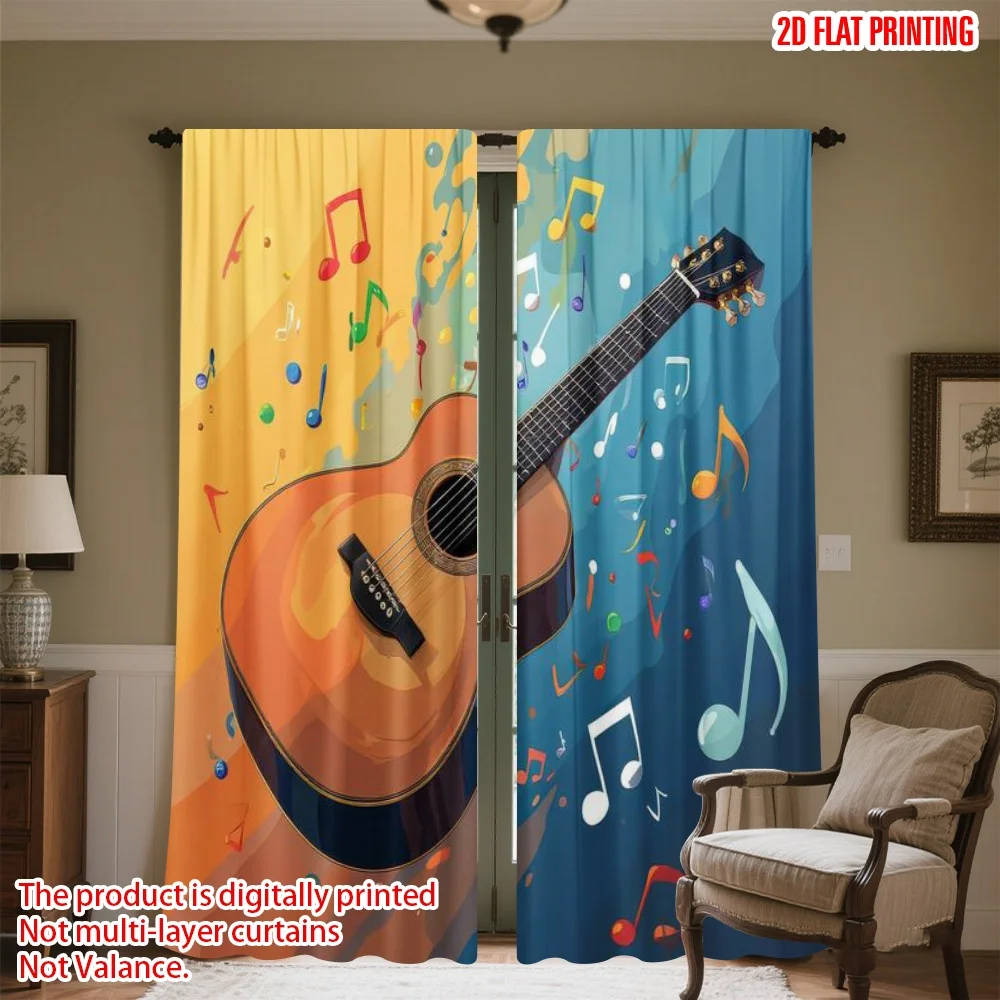 

2D flat printing 2pcs Drapes Guitar and Colorful Notes Digital Printed Polyester Drapes Seasonal Party & Holiday Decor Use for