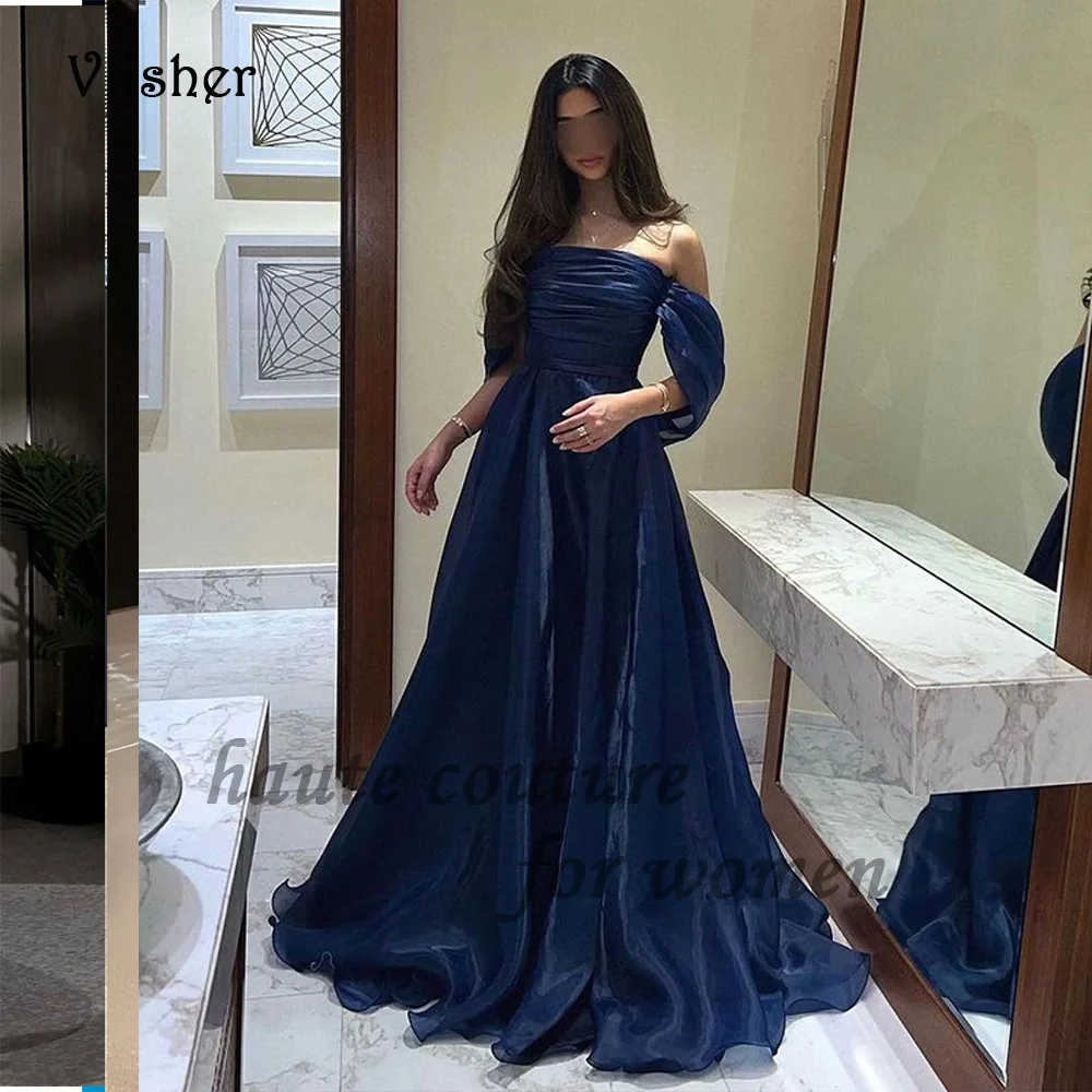 

Navy Blue Organza Off Shoulder A Line Evening Dresses Pleats Strapless Arabian Dubai Prom Party Dress with Train