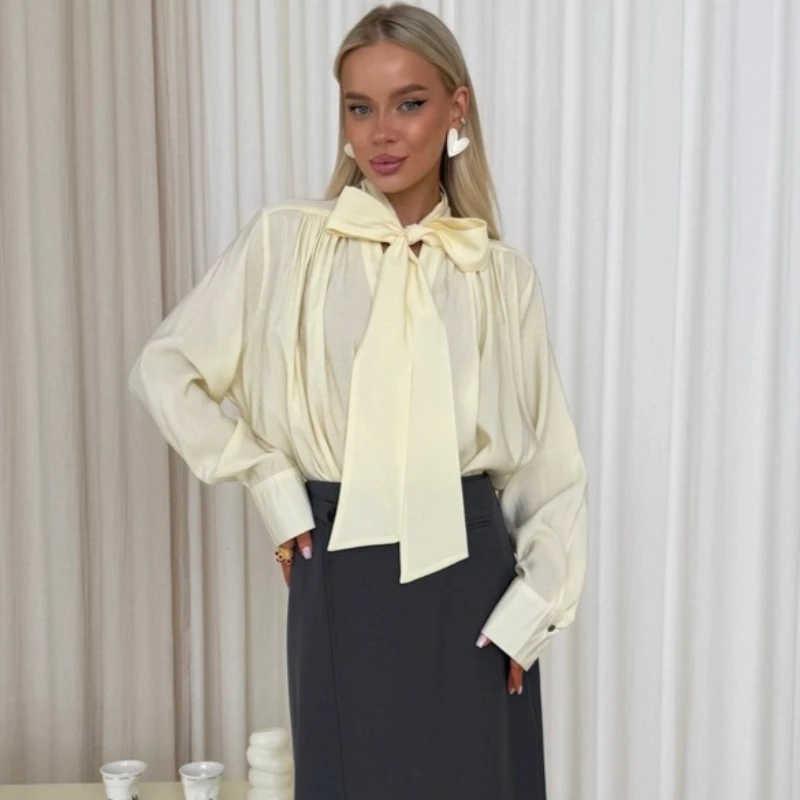 

Tsiisd Casual Lace-Up Women's Shirt Commuting Office Work Fashion Patchwork Elegance Streetwear 2026 New Cardigan Female Blouses