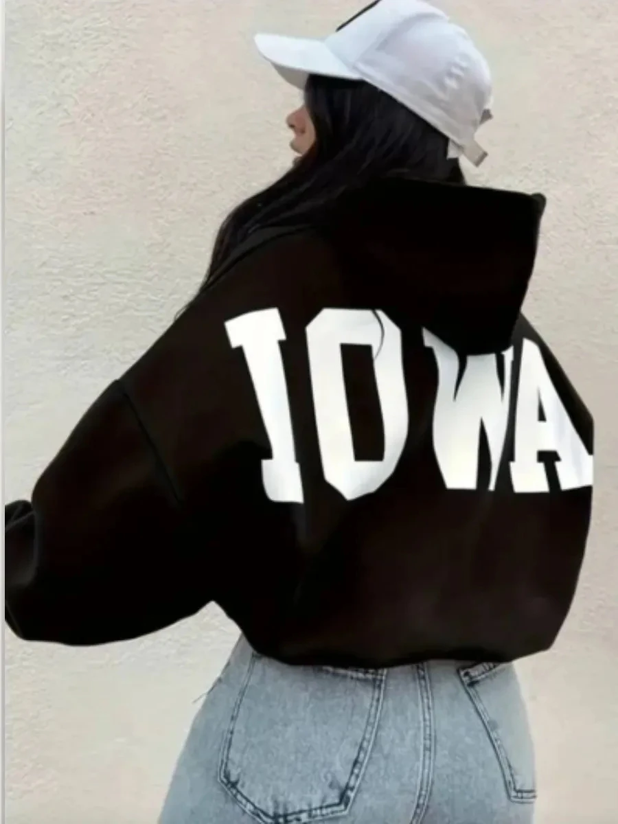 

Свободная толстовка с принтом, модная повседневная толстовка с буквенным принтом, женская удлиненная толстовка на молнии для повседневной носки