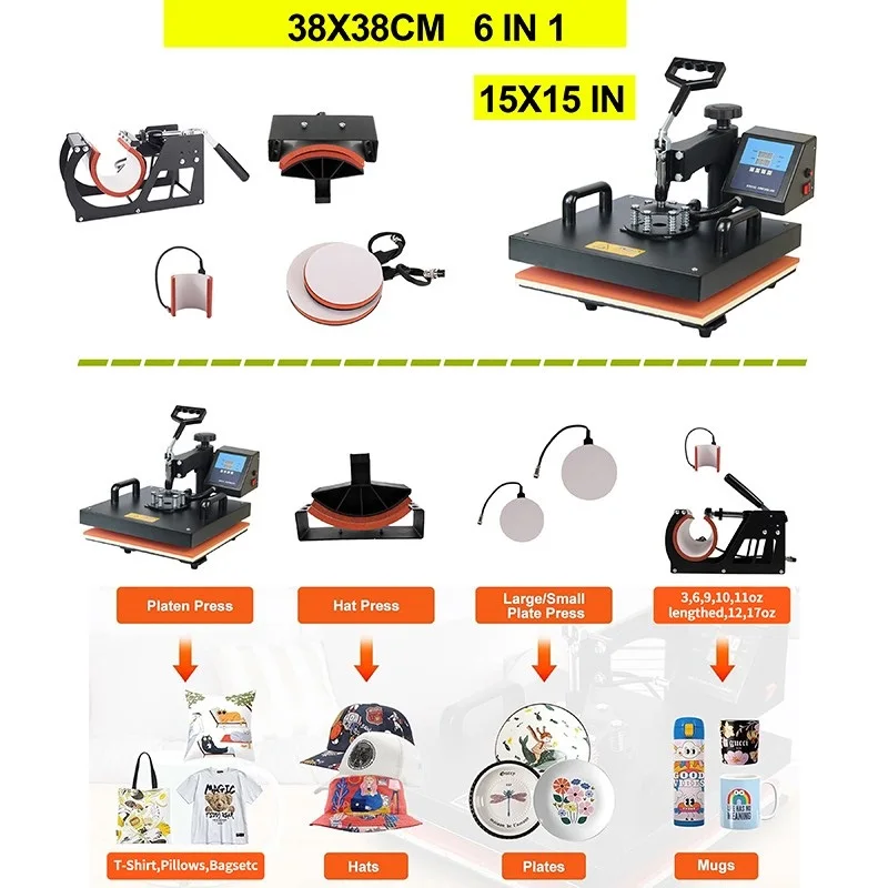 Cheap 38*38CM 6 in 1 Combo Heat press Machine Sublimation Printer 2D Heat Transfer Machine for Cap Mug Plate Tshirts CE Approved