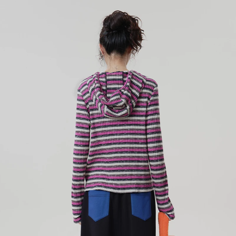 MOVEUP Women's Hooded Colorful Jacquard Striped Jacket 2026 Autumn Zip Up Casual Tops Long Sleeve Thin Knitted Coat 3ELQ10706