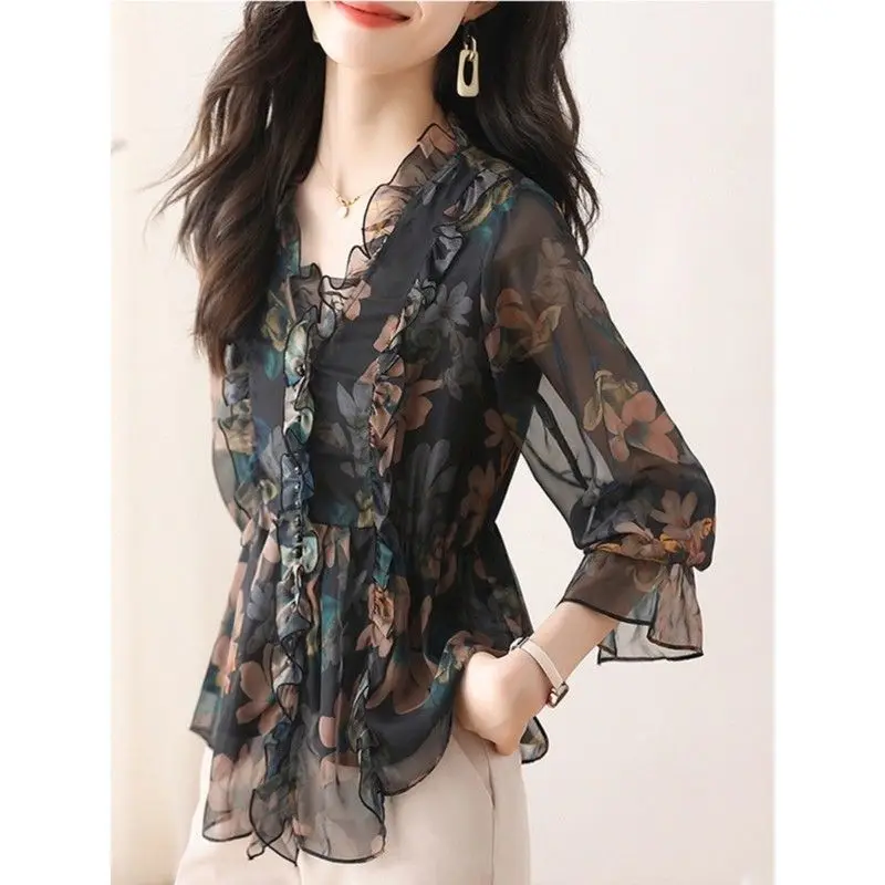 Floral Chiffon Blouse Women Clothing Fashion Ruffles V-neck Flare Sleeve Shirts Spring New Fashionable Patchwork Top Tee Femme