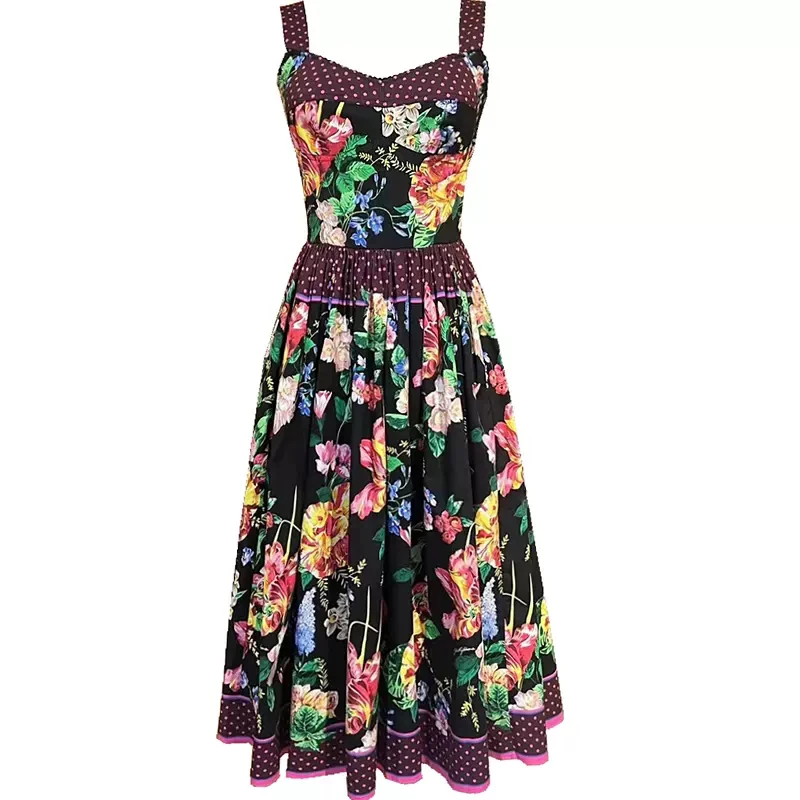 

QHZ Designer new Fashion Vintage Dresses summer women Spaghetti Strap flower Print Elegant Vacation beach dress