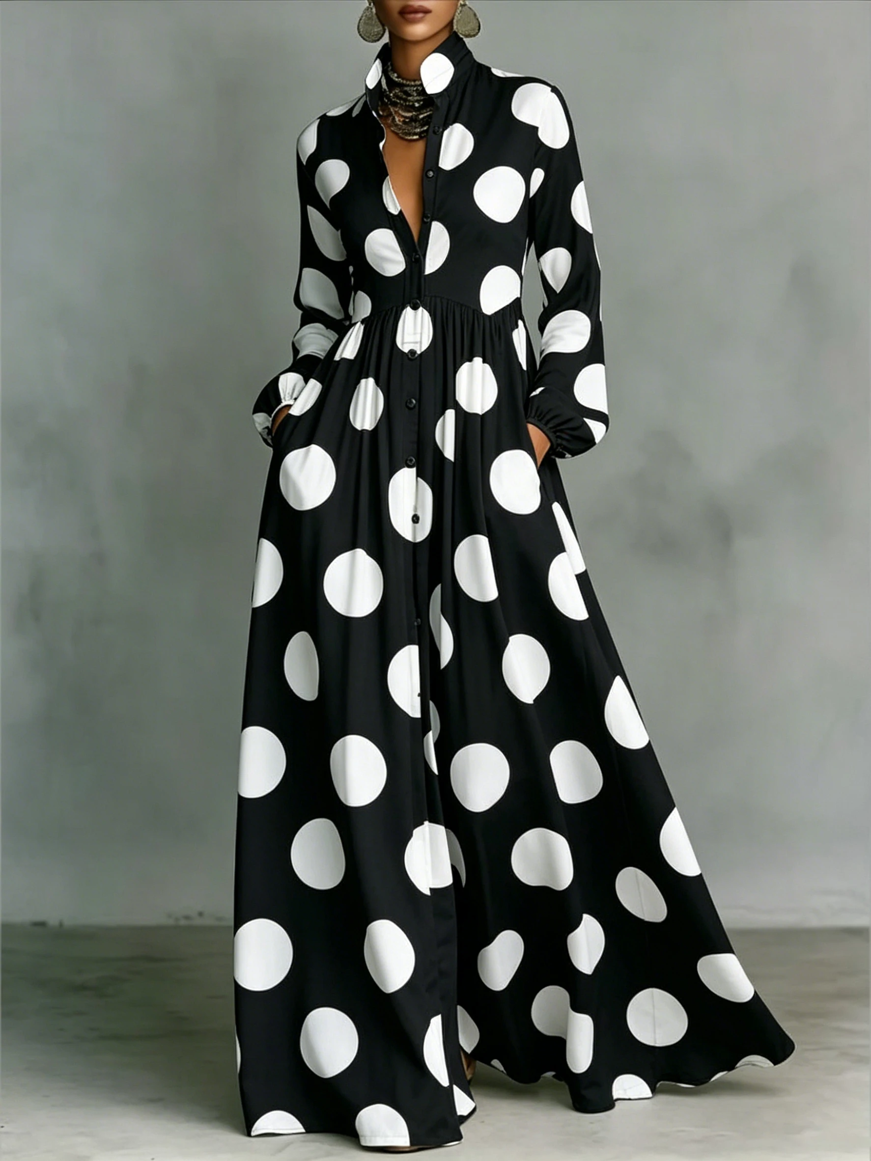 

Polk Dot Print Maxi Dress for Women Long Sleeve Stand-up Collar Elegant Dress High Waist Temperament A-Line Evening Dresses