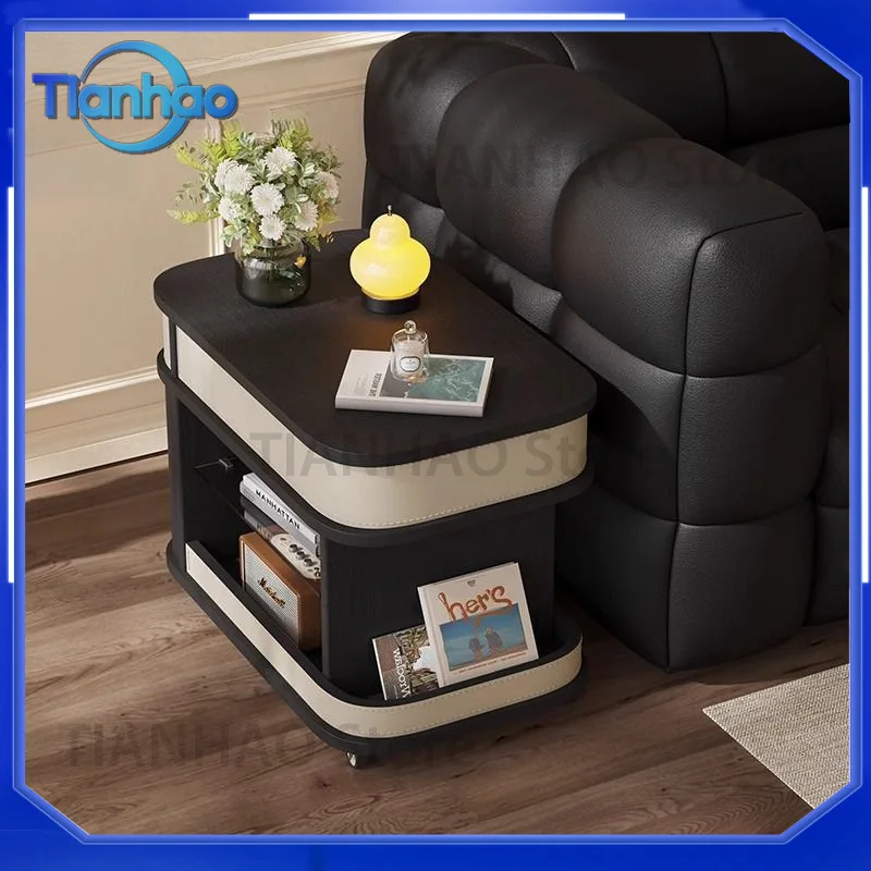 Adjustable Height Mobile Coffee Table for Small Living Rooms Home Use Trolley Side Table with Smoked Wood Grain and Saddle