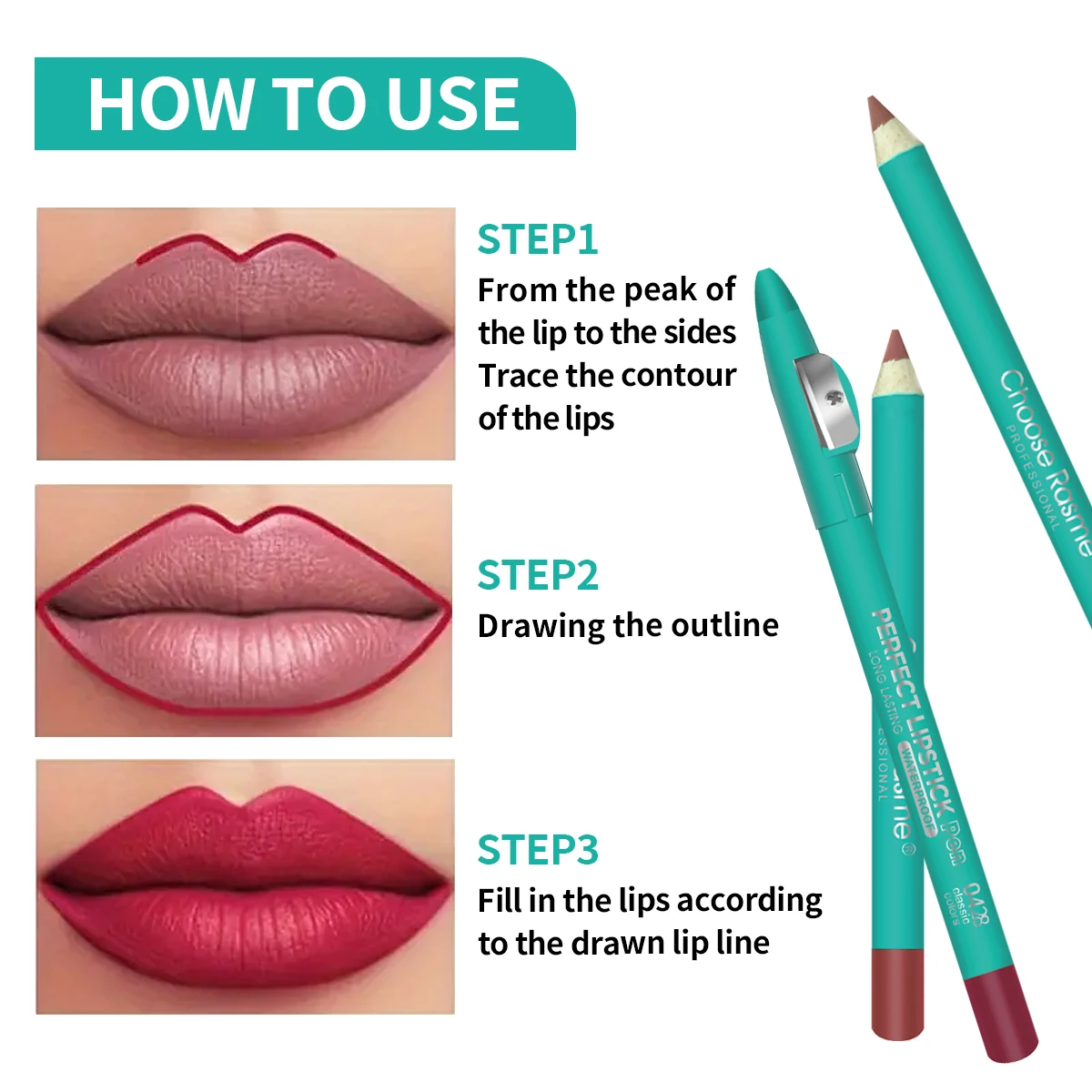 2-in-1 lip liner with sharpener, 24-hour waterproof color lock, 3D plumping effect, elegant red/natural red