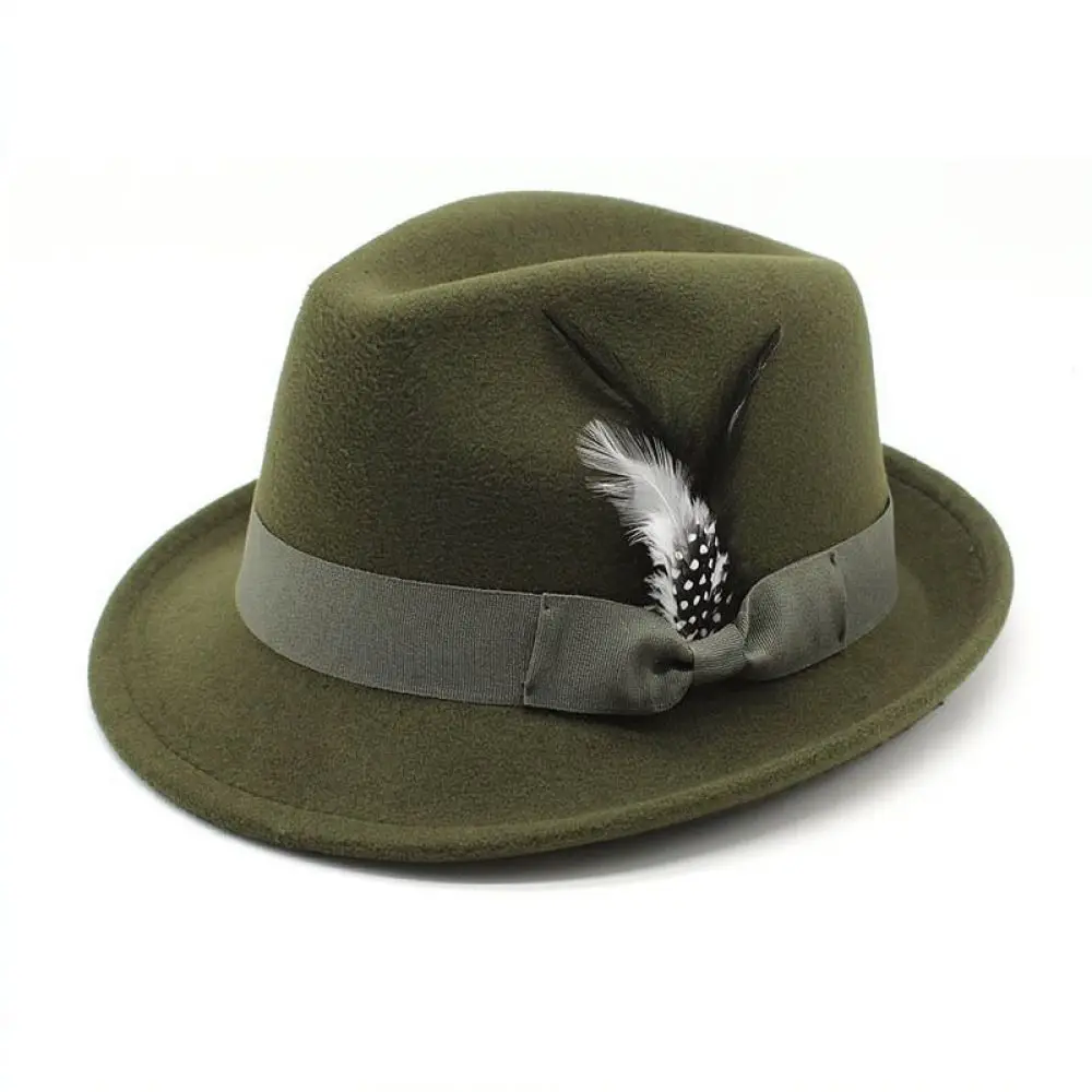 Premium Mens Fedora Hat Vintage Jazz Cap Wide Brim Felt Hat With Feather Trim Elegant Style Business Formal Fashion Accessory