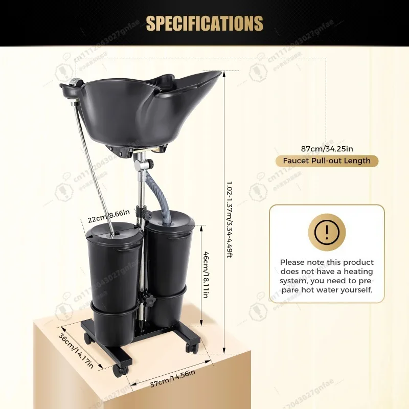 Portable Shampoo Basin with 2 Water Buckets, 30cm Deep Salon Hair Washing Sink, Adjustable Height Angle Mobile Shampoo Bowl Unit
