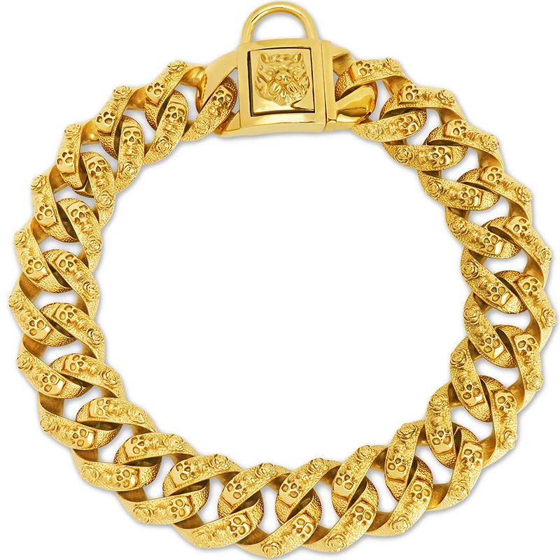 32MM Wide Dog Chain Collars Skull Strong Stainless Steel Dog Choker Pitbull Gold Dog Necklace For Large Dogs
