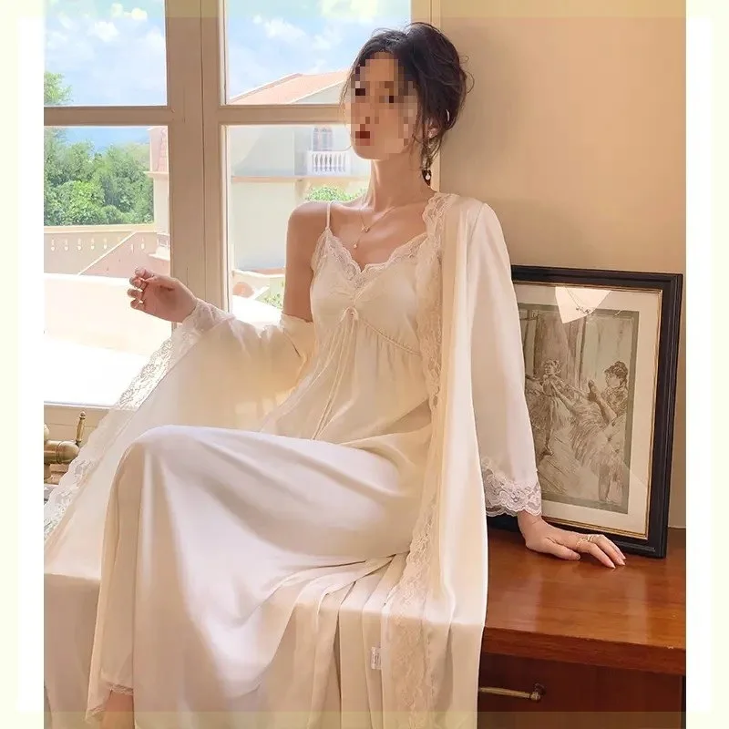 Elegant เซ็กซี่ลูกไม้ยาว Robe Nightgown ชุดฤดูใบไม้ผลิฤดูร้อนซาตินเสื้อคลุมอาบน้ํากิโมโนชุดนอนสไตล์ฝรั่งเศสชุดนอน Loungewear