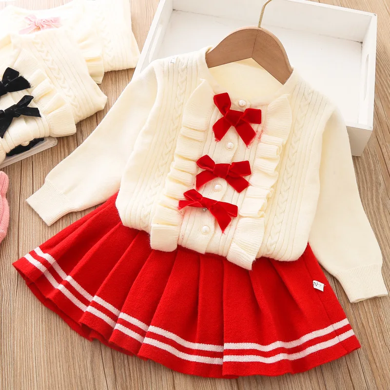 1 2 3 4 5 Years Baby Girls Clothing Sets Spring Autumn Knitted Sweater + Skirt Little Princess Suits Birthday Party Kids Clothes