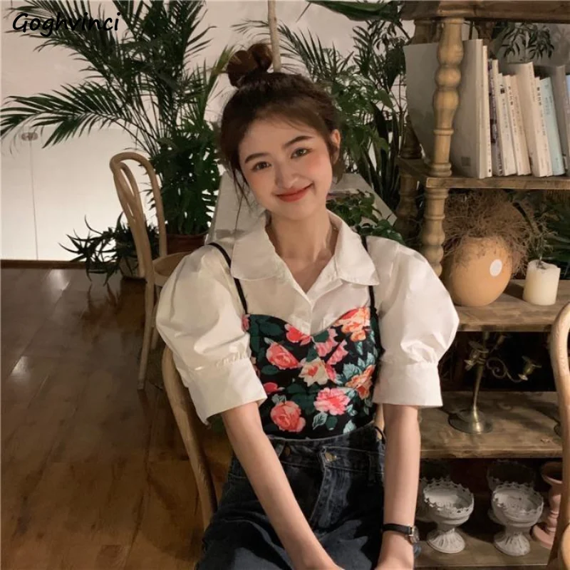 2 Pcs Sets Women Floral Camisole Puff Sleeve Shirts Sweet Korean Style Vintage Simple All-match Chic Summer Ladies Temperament