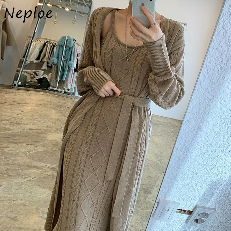 Neploe 2024 Autumn New Twist Patchwork Dress Chic Long Knitted Sweater Dresses Solid Color Sexy Camis Split Femme Vestidos