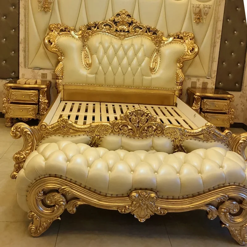

European-style leather full solid wood carving first layer cowhide bed double bed wedding bed princess bed noble gold