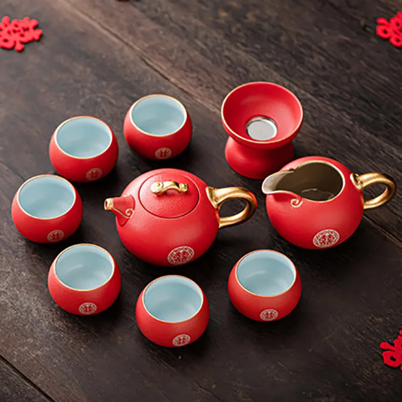 Ceramic Portable Travel Tea Set, Porcelain Kungfu Teapot, Red Teacups with Gift Box, Wedding Party, Marriage, Newlywed Supplie