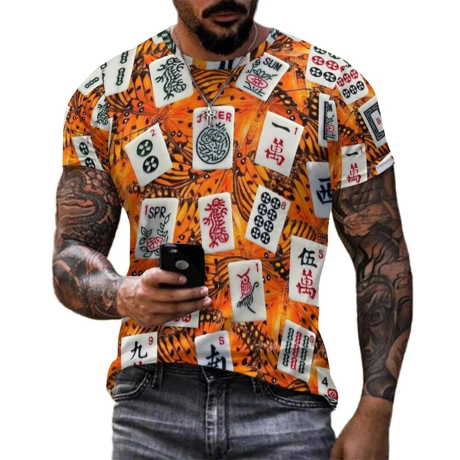 Butterfly Mahjong Pattern Print T-Shirt  Aesthetic T-Shirts O Neck Cool Tee Shirt Premium Couple Custom Clothes Big Size 5XL 6XL