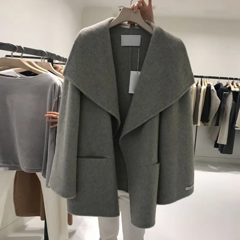 Wełniany płaszcz Nowy damski jesienno-zimowy top Korea Vintage Luźny gruby ciepły wełniany płaszcz Office Lady Cardigan Lapel Casual Jacket