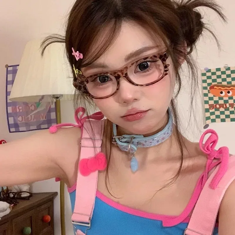 Kawaii Cat Eyeglass Frame, Anime Retro Óculos, Leopardo Print Eyeglass Frame, Bonito Foto Props, Óculos Decorativos, Presente, Y2K