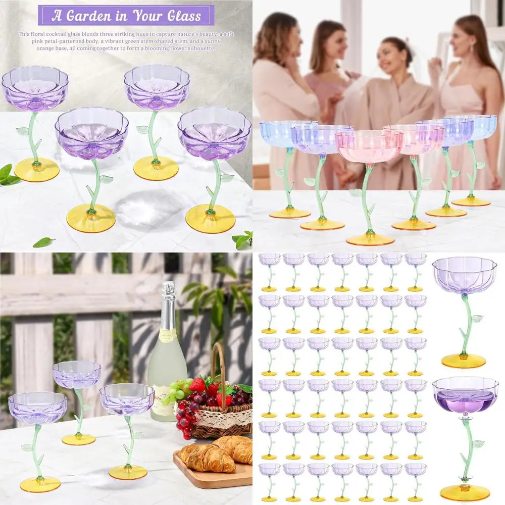 

48 Pack Clear Plastic Ribbed Coupe Glasses, 7oz Detachable Lower Cocktail Glasses, Disposable Wavy Edge Plastic Cocktail Coupes,