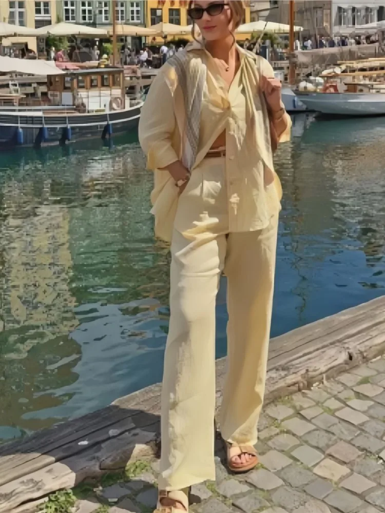 

Fashion Solid With Belt Sets Women Casual Lapel Single Breasted Long Sleeve Shirt Pants Two-piece Suit Lady Spring Office Outfit