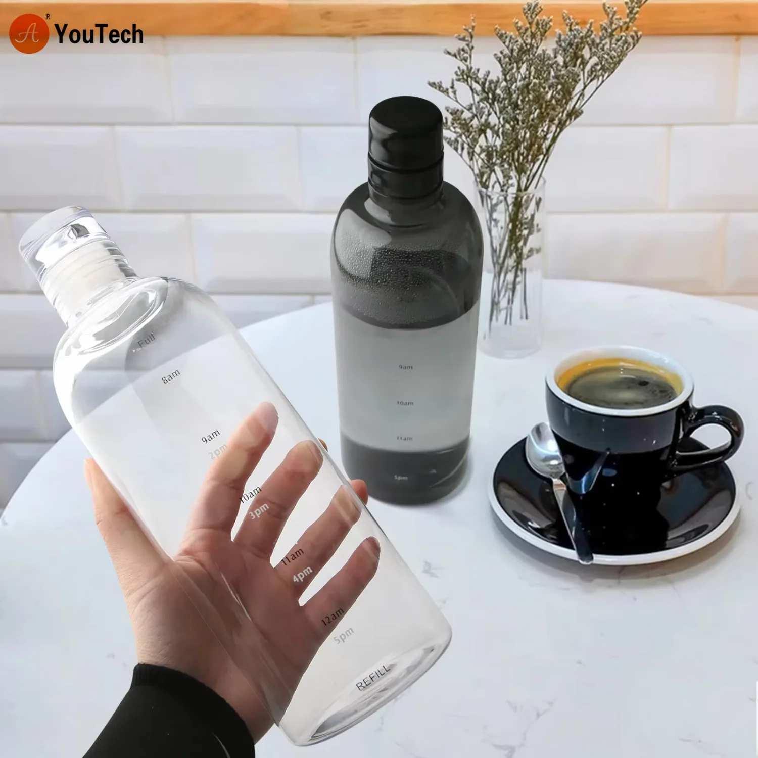 500/ 750ml PC Plastic  with Time Marker  Large Capacity Leakproof Drink Bottle Gym Sport Water Bottles