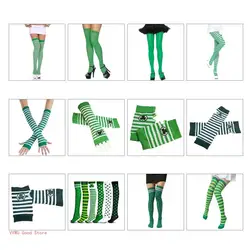 Patricks Day Thigh High Socks Pantyhose Arm Warmers White Green Stripe Shamrock Clover Print Irish Party Costume