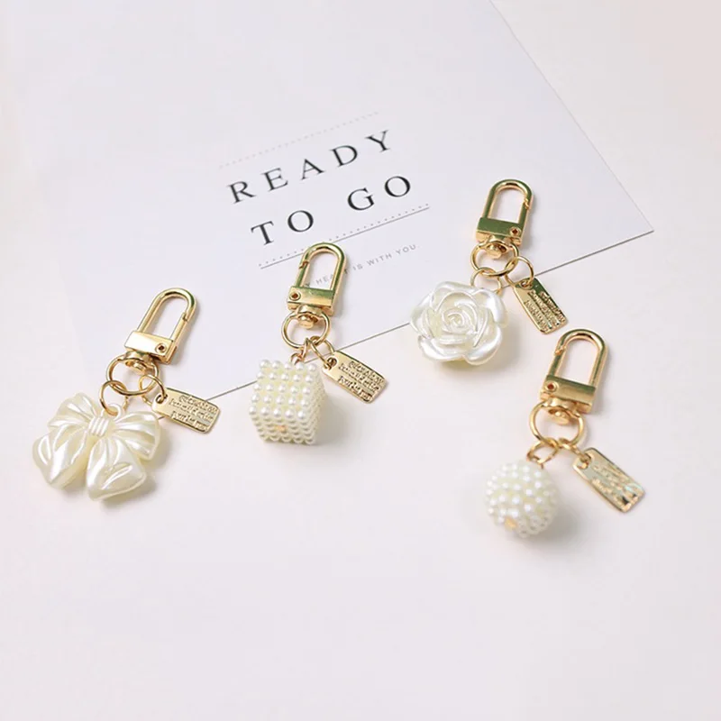 Fashion Korean Geometry Pearls Tassel Keychain Women Phone Case Pendant Keyring Flower Bowknot Trinkets Bag Charms Jewelry