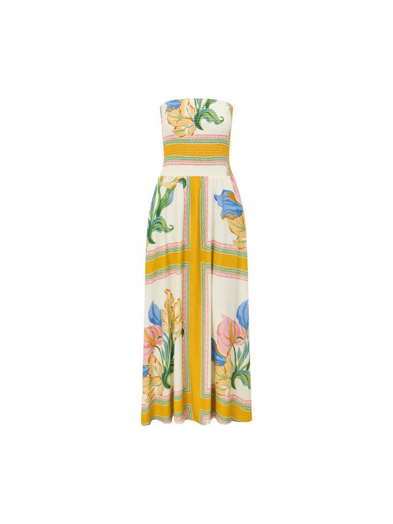 Vestido sin tirantes con estampado tropical: dobladillo con volantes en la cintura ahumada |   Vestido largo de vacaciones sexy f 269