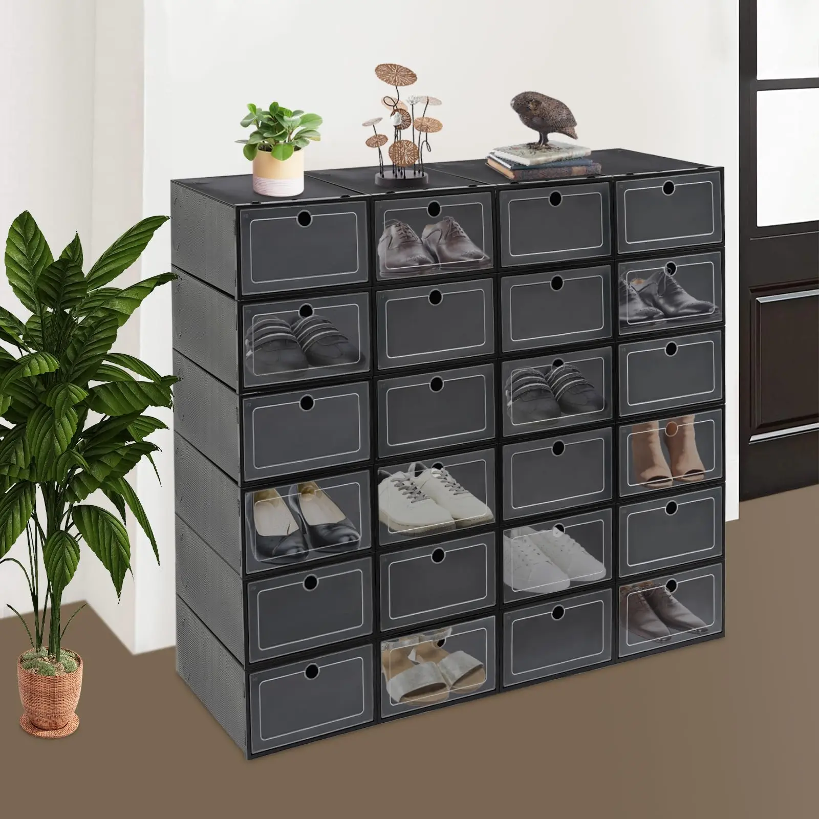 

24-pak коробок для хранения обуви, прозрачный пластиковый штабелируемый органайзер для обуви, пластиковые держатели для органайзеров для обуви с откидными крышками для Clos