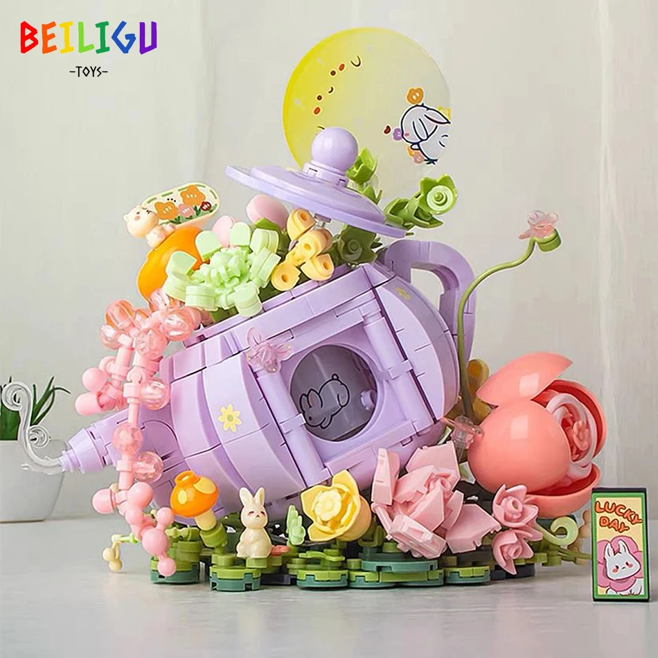 

Friends Moon Rabbit Flower Tea Pot Lighting Marquee Building Blocks Succulent Potted Bonsai Bricks Creation Toy For Children Set