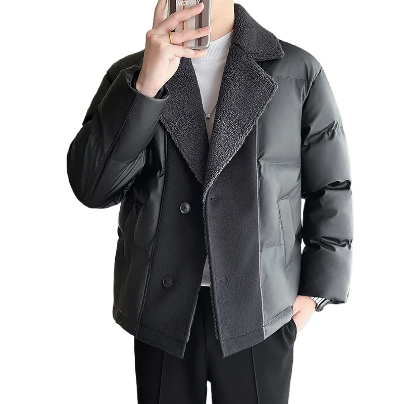 Chaqueta acolchada de algodón informal de negocios de cuero con empalme y cuello de piel sintética para hombre, abrigo Parka de cuero holgado a la moda para invierno