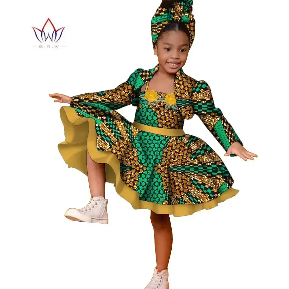 3pcs Set African Kids Gril Dashiki Dress Coat and Headtie Suits Africa Print Party Dresses Children Summer Clothes WYT723