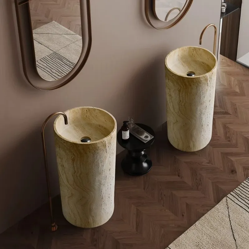 Style Floor-to-ceiling freestanding bathroom sink Yellow travertine art artificial stone base wash basin