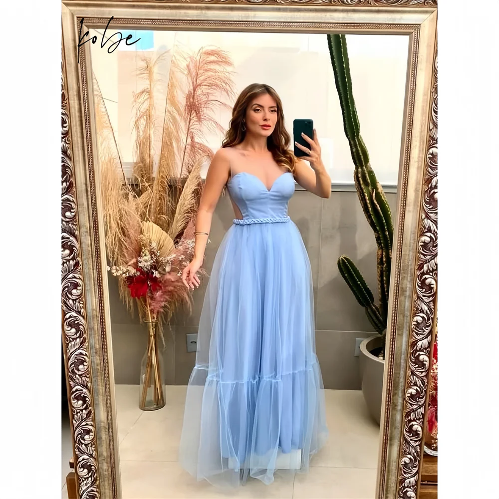 

Kobe Blue Sweetheart Neck Tulle Prom Dresses 2025 Elegant Chic Evening Dresses Sleeveless Floor-Length Customized Party Dresses