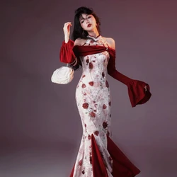 New - Chinese - style Velvet Printed Improved Cheongsam Dress for Women, 2024 Autumn, Waist - cinching, Slimming, Hip - hugging