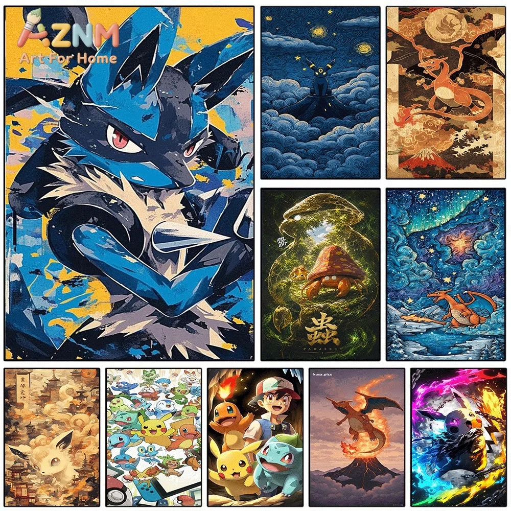 Anime Pokemon Lucario Pop‑art Style Canvas Wall Art, Fighting‑type Pocket Monster Cartoon Frameless Canvas Painting for Kids B