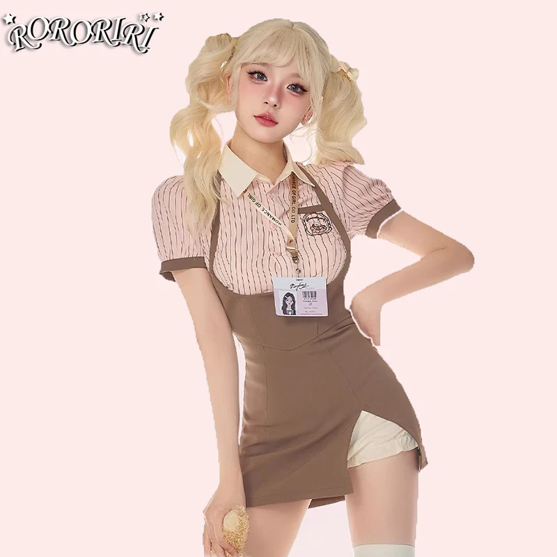 RORORIRI Kawaii Striped Shirt Overall Skirt Set Women Puff Sleeves Polo Blouse Top Split Mini Skirt Lolita Cosplay Maid Costumes