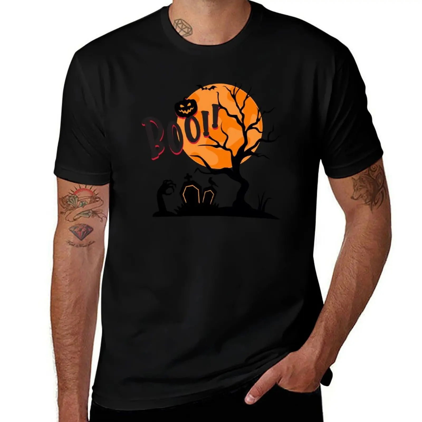 

Halloween Graveyard Scene – Zombie Hand Rising with 'Boo!' Under Full Moon Night T-Shirt quick-drying anime t shirt men