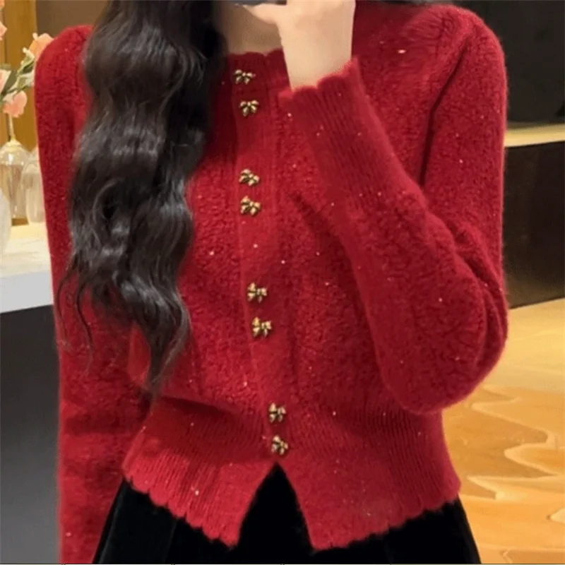 Suéter corto de moda rojo, negro y blanco para vacaciones de Navidad para mujer, cárdigan de punto para otoño e invierno, jersey superior ajustado con cuello redondo