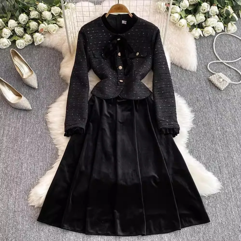 2024 New Autumn Winter Tweed Patchwork Velvet Midi Dress Elegant Women Long Sleeve Bowknot Fake 2 Piece Set Party Party Dresses