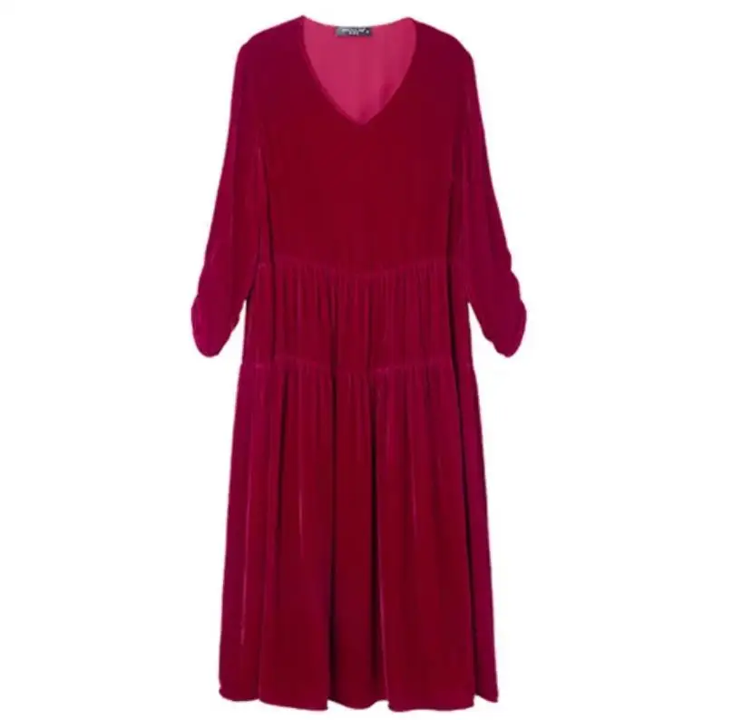 

plus Size Autumn Velour Dress Women's Spring Velvet Party Gown Three Quarter Sleeve Ruffles Elegant Fiesta Dress