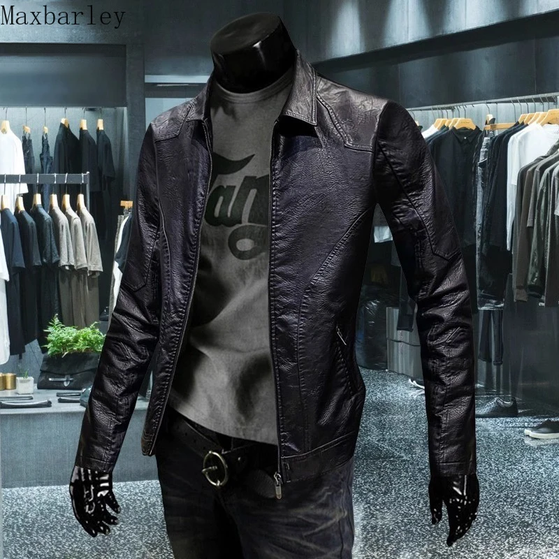 

High-end Brand Men's Leather Jacket Autumn And Winter New Slim-fit Lapel Faux Leather Coat Vintage Motorcycle Windproof Jackets