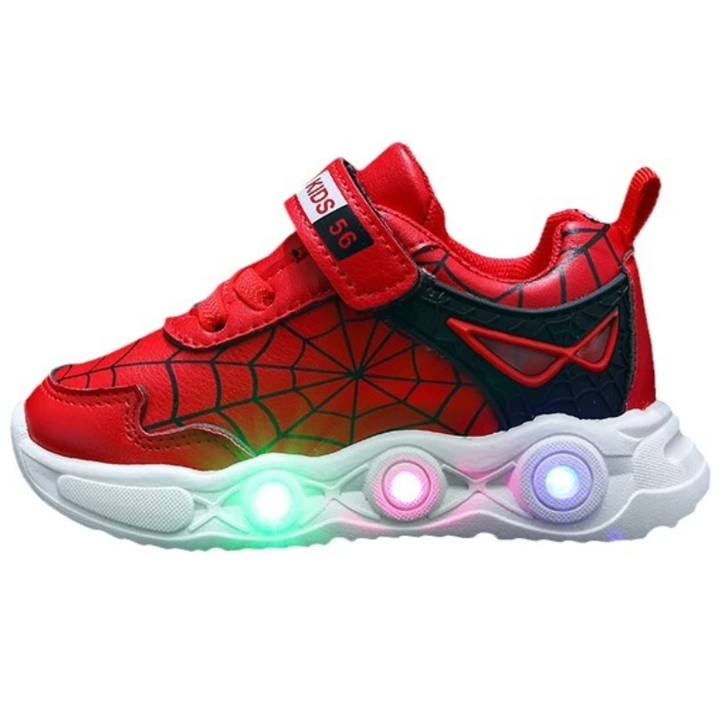 Disney LED Casual Sneakers Red Black For Spring Boys Spiderman Leather Outdoor Shoes Children Lighted Non-slip Shoes Size 21-30