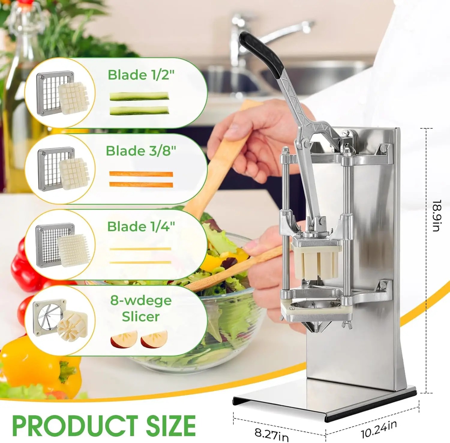 French Fry Cutter & Vegetable Chopper Stainless Steel with Extended Handle Includes 4 Blades - For Home, Bar, Restaurant