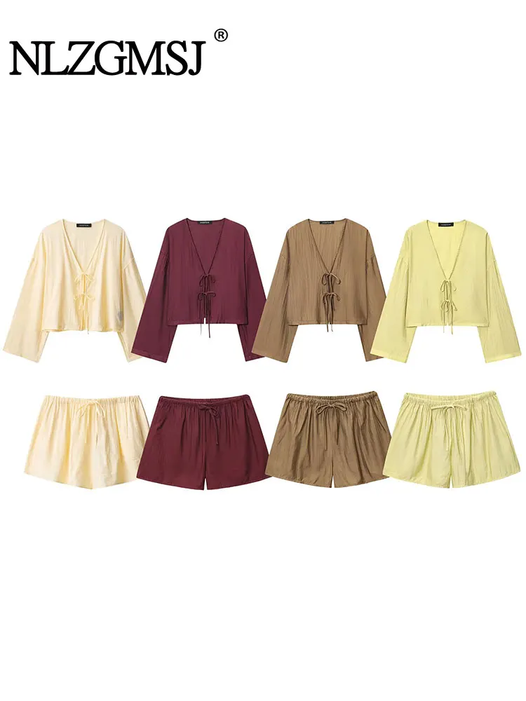 

NLZGMSJ 2025 Новые повседневные шорты для женщин, комплект из 2 предметов, модные короткие топы с бантом, женский костюм, летний комплект из двух предметов