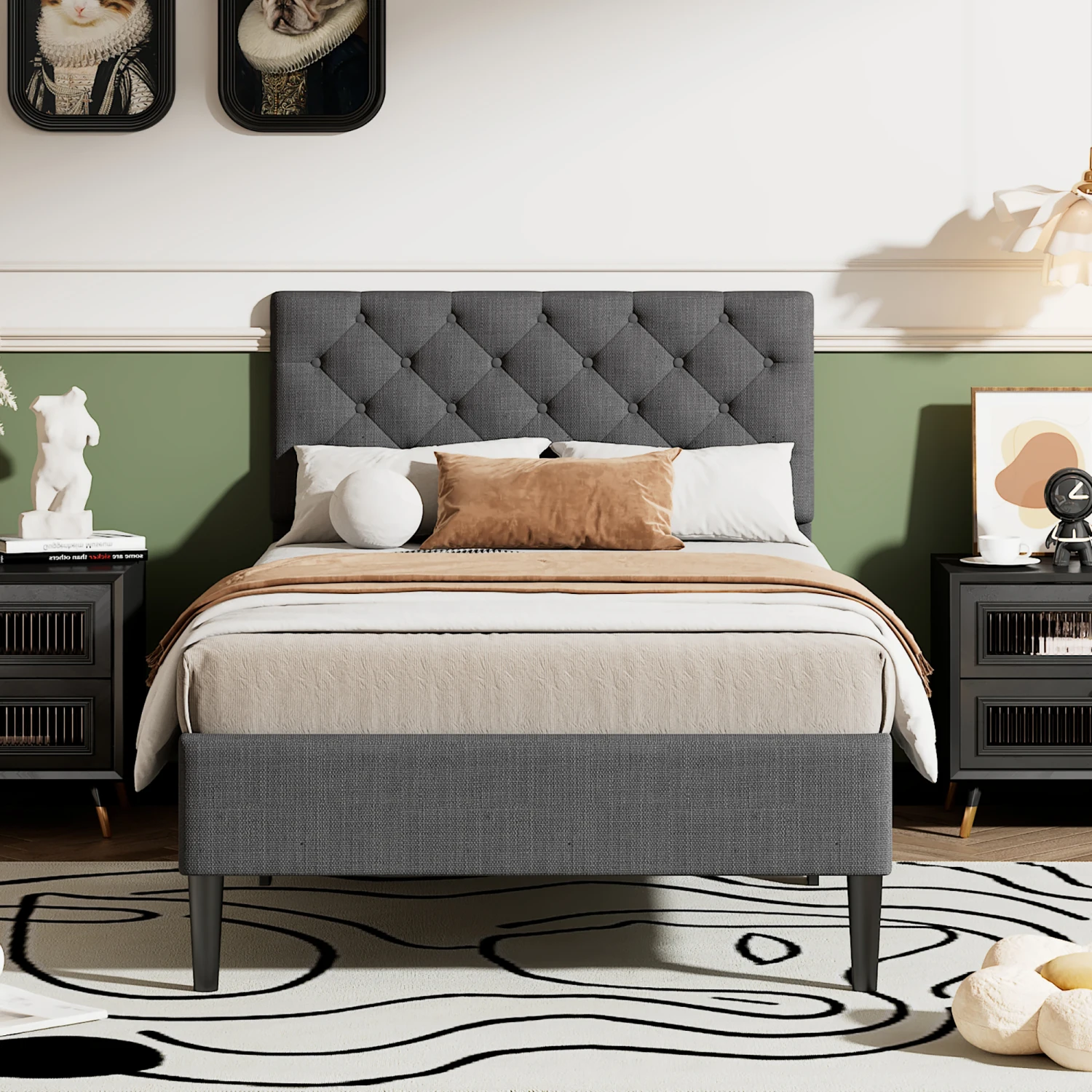 Upholstered Linen Platform Bed, Twin Size, Gray