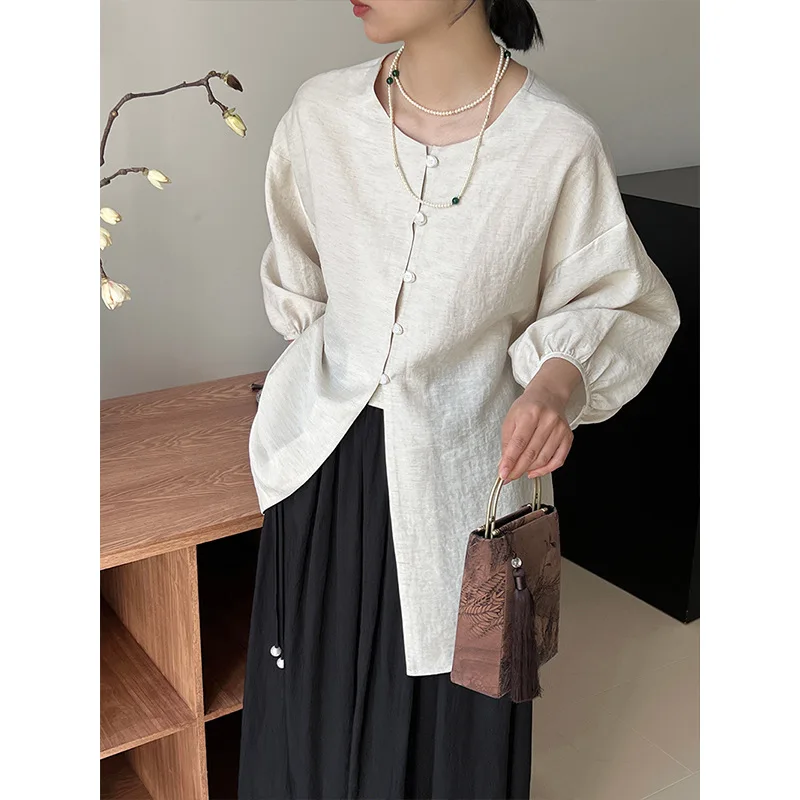 2024 Linen Waist Waist Blouse Women's Seven-quarter Lantern Sleeve Commuter Shirt